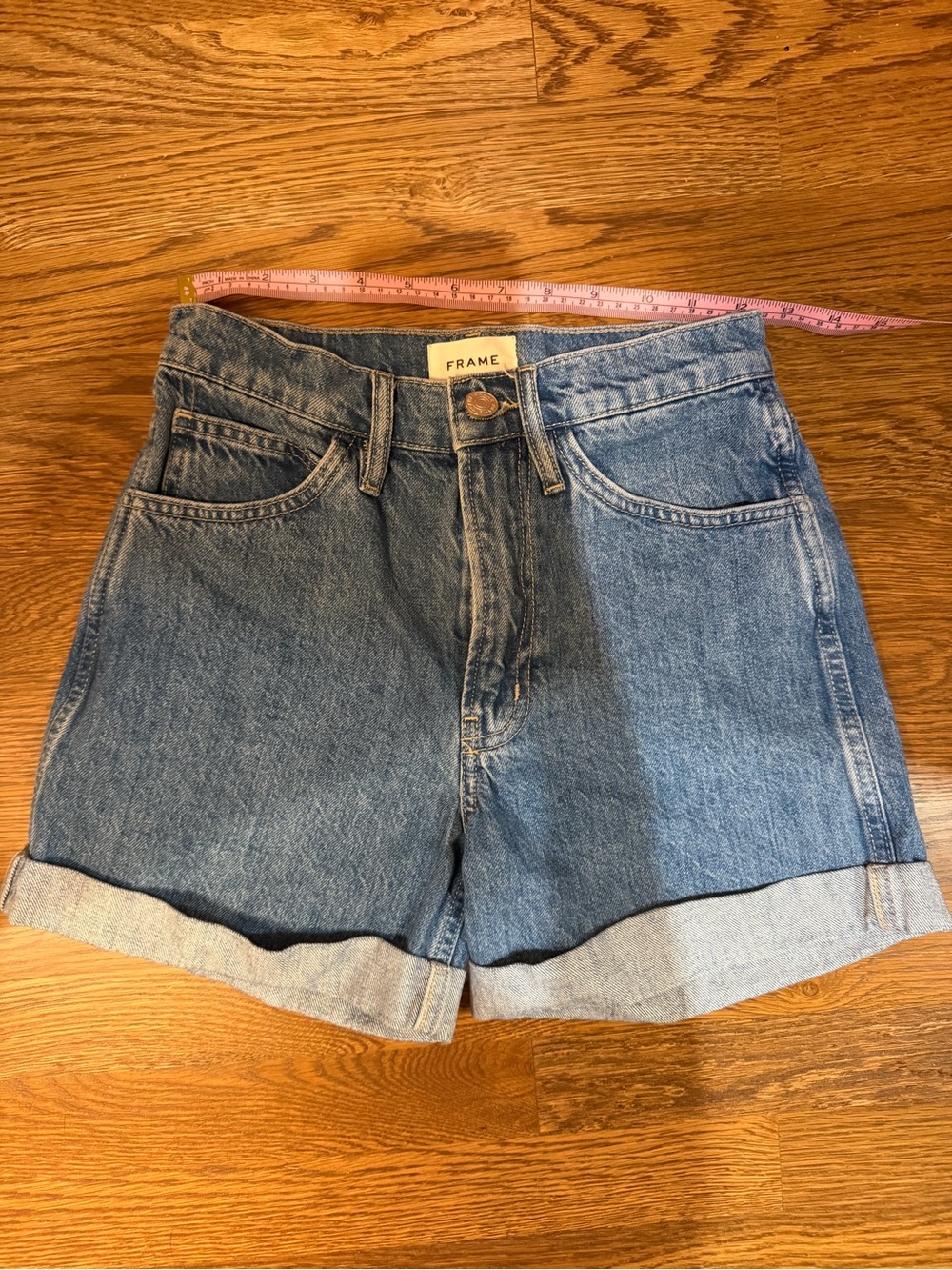 Frame Denim Medium Blue High-Rise Rolled Hem Jean Shorts